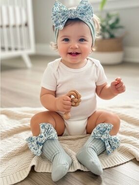 Baby Floral Bow Headband and Sock Set in Mint & Blue